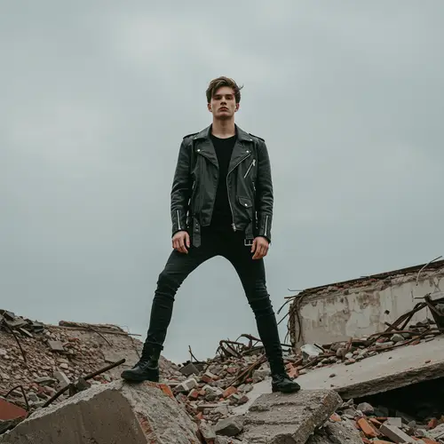 Heroic Young Man in Oversized Leather Jacket