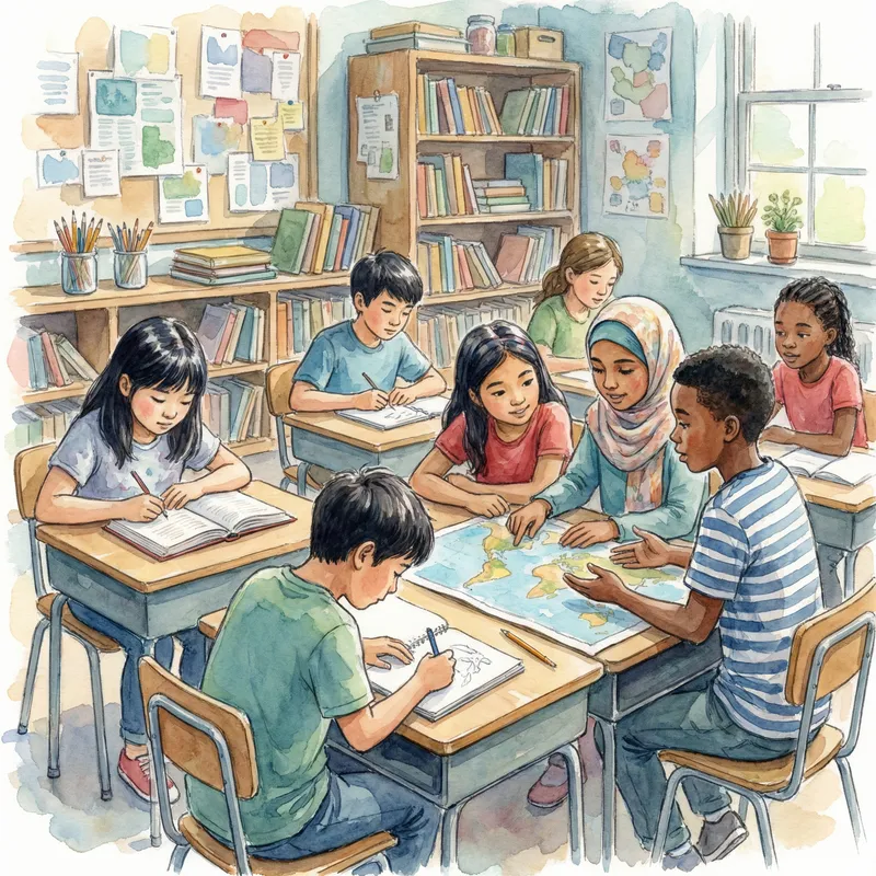 Diverse Students Learning in Watercolor Style Diverse Students Learning in Watercolor Style