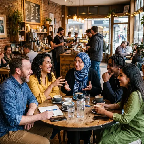 Diverse Group Engaged in Lively Conversation | Cafe Scene