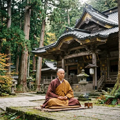 Tranquil East Asian Monk Meditating at Ancient Temple