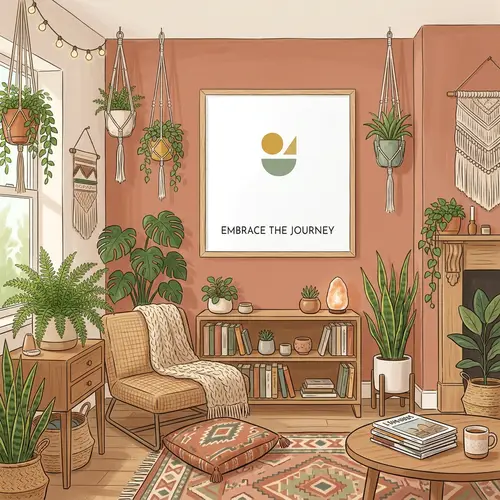 Cozy Boho Living Room with Houseplants | White Square Poster