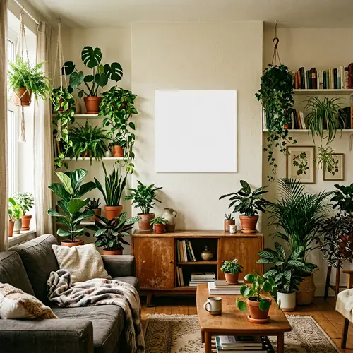 Authentic Living Room with Houseplants and White Square Poster
