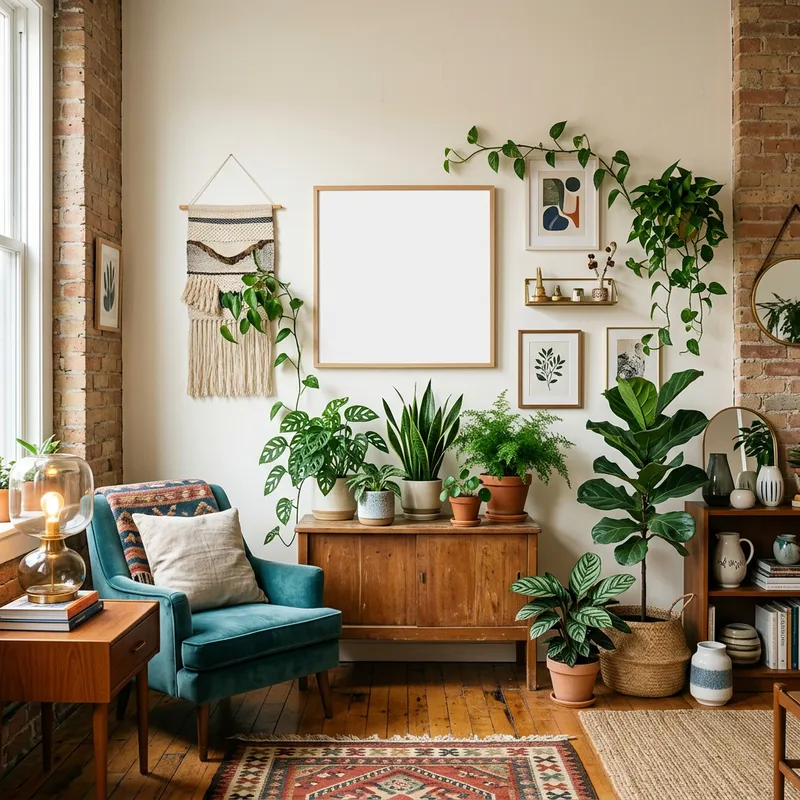 Small Artsy Living Room with Houseplants & Varied Styles | White Poster