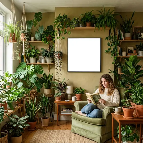 Cozy Living Room with Houseplants | Nature-inspired Sanctuary