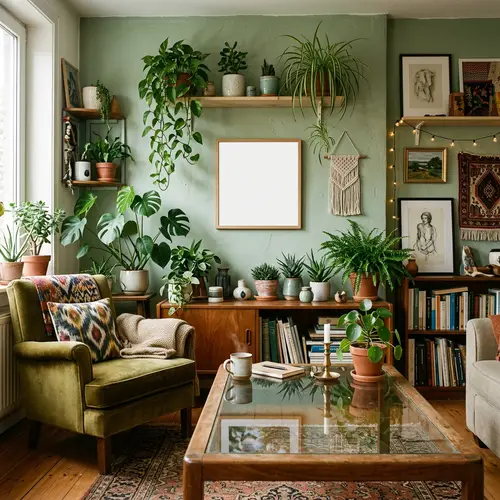 Artsy Living Room with Houseplants and Eclectic Decor | Small Size Poster