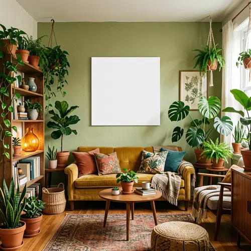 Modern Eclectic Living Room with Houseplants and White Square Poster