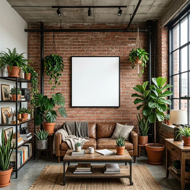 Industrial Living Room with Lush Houseplants and Minimalist White Poster