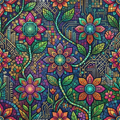 Ethno-Futurism Floral Mosaic Pattern Design
