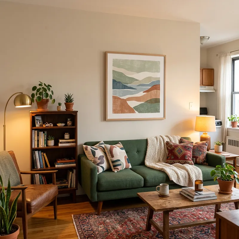 Creative 1:1 Aspect Ratio Print in Cozy Single Apartment Living Room