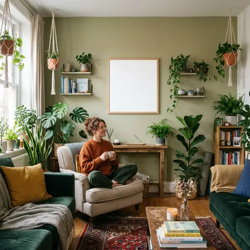 Cozy Living Room with Vibrant Houseplants & Mindfulness Poster