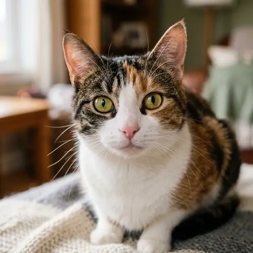 Multicolored Domestic Cat Portrait | Piercing Green Eyes
