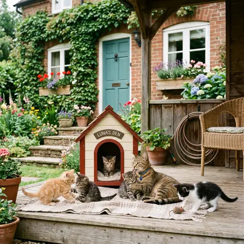 Adorable Cat with Her House and Kids