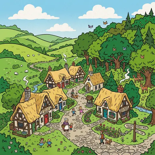 Quaint Village in Vibrant Nature | Storybook Cartoon Scene