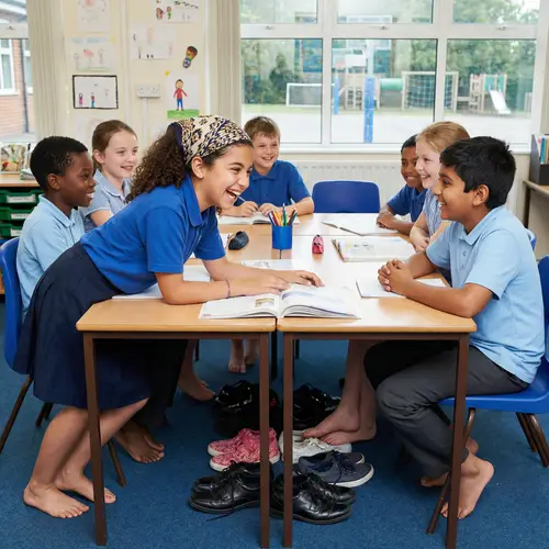 Eccentric Middle-Eastern girl in school uniform studying with friends