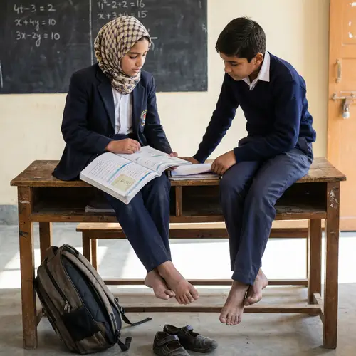 Middle-Eastern School Kids Study Comfortably Barefoot