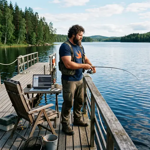 Russian Fisherman in Swift T-shirt Fishing with MacBook Pro on Pier