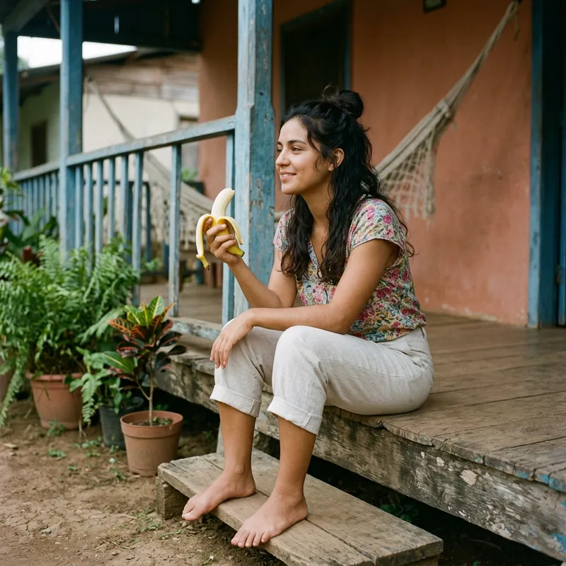 Spanish Young Woman Holding Banana with Bare Feet