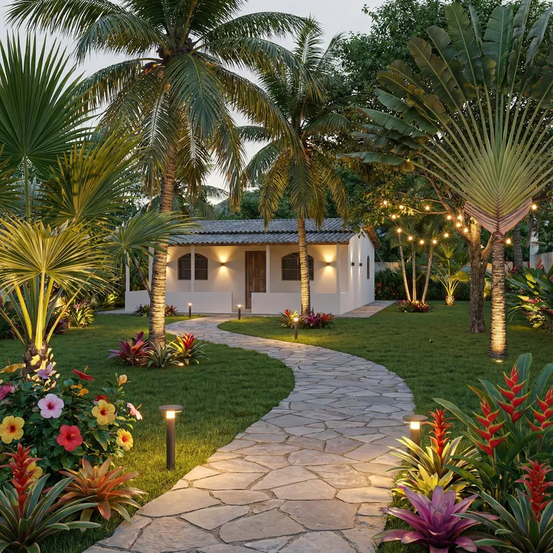 Modern Garden Design with Palm Trees and Flowers
