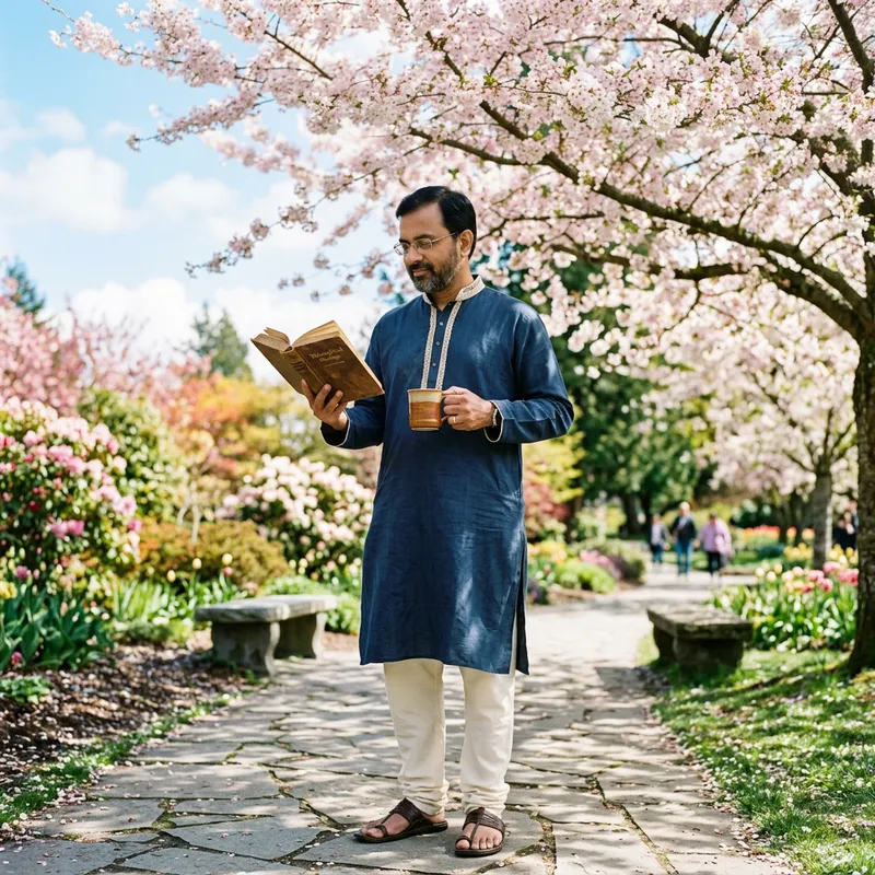 South Asian Man Reading Book Under Cherry Blossom Tree