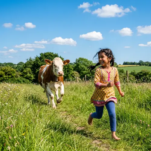 South Asian Child Running in Green Field with Cow Chase