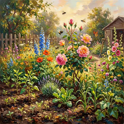 Impressionist Oil Painting of Plant Growth and Blooming Flowers