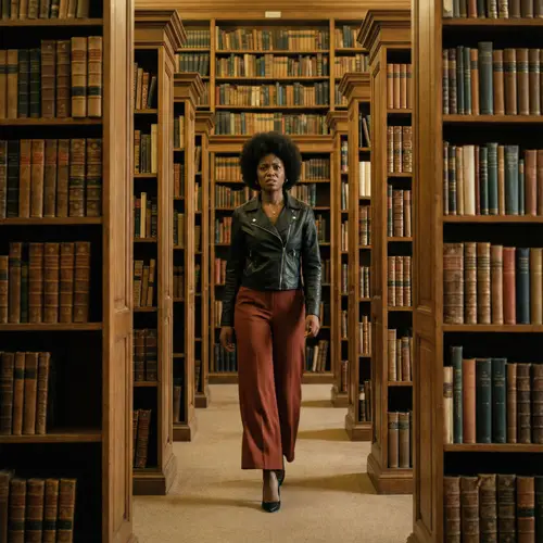 Vintage Library Aisle with Dramatic Depth