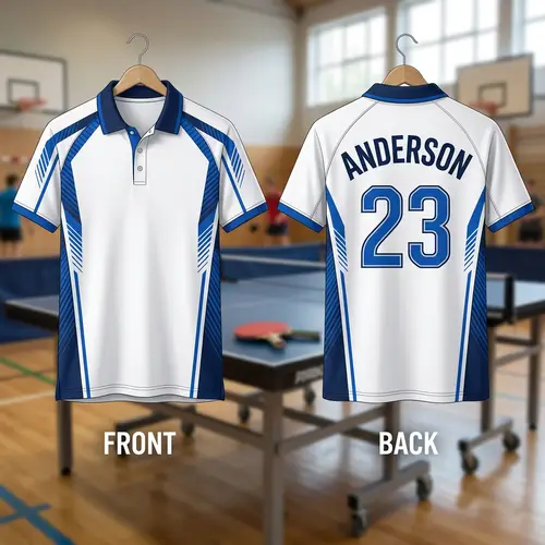Modest White & Blue Table Tennis Jersey Design with Custom Surname