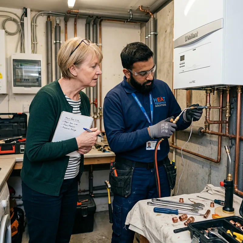 Middle-Aged Lady Observing Heating System Installer