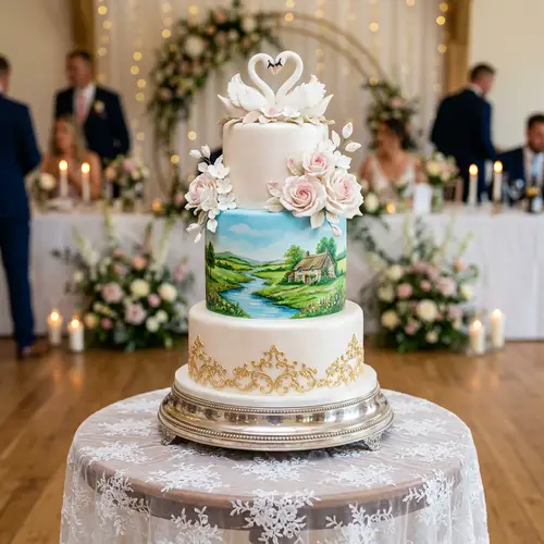 Elegant Three-Tiered Wedding Cake with Artistic Illustrations