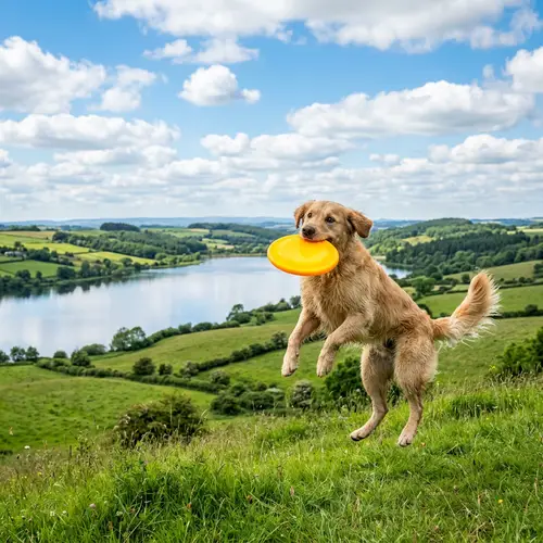 Tranquil Landscape: Playful Dog Catching Frisbee Amid Green Hills