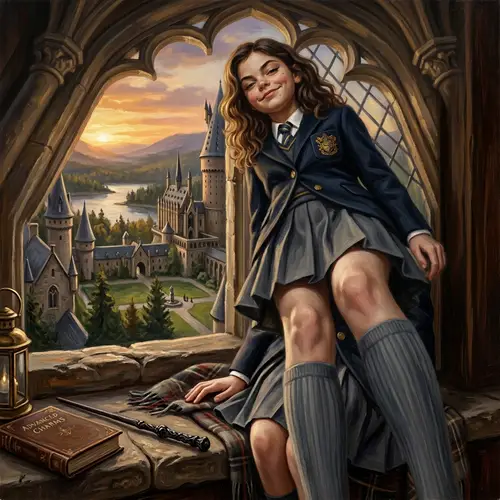Enigmatic Slytherin Girl Oil Painting | Hogwarts Sunset View