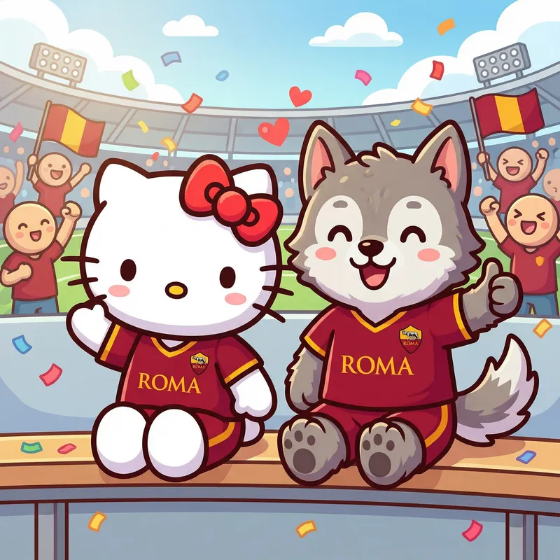 Hello Kitty and AS Roma Wolf Mascot Illustration