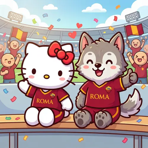 Hello Kitty and AS Roma Wolf Mascot Illustration