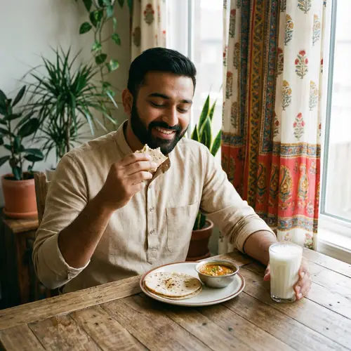 South Asian Man Enjoying Roti Meal | Traditional Dining Experience