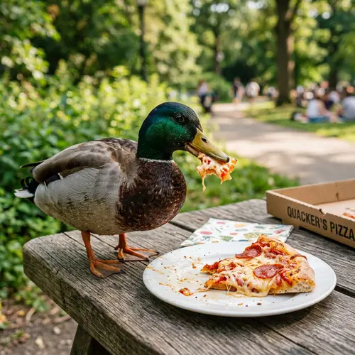 Duck Enjoying Slice of Pizza - Fun Time with Food