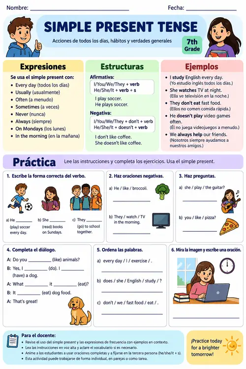 Simple Present Tense Worksheet for Spanish Students
