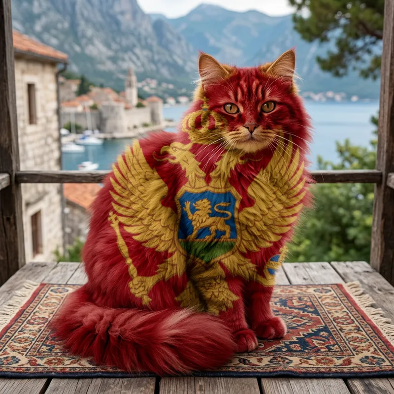 Montenegro Flag-Colored Fluffy Cat Sitting Comfortably