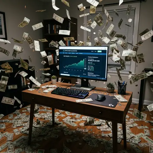 Unique Image: Currency Rain on Computer Desk