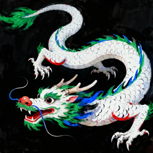 Wingless White Chinese Dragon Art with Color Accents