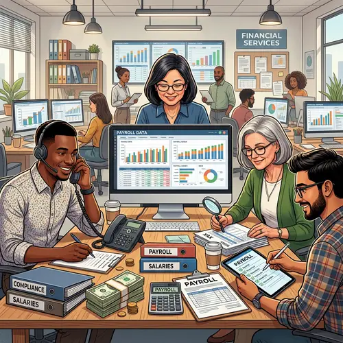 Diverse Payroll Service Professionals in Action | Financial Data & Office Accessories