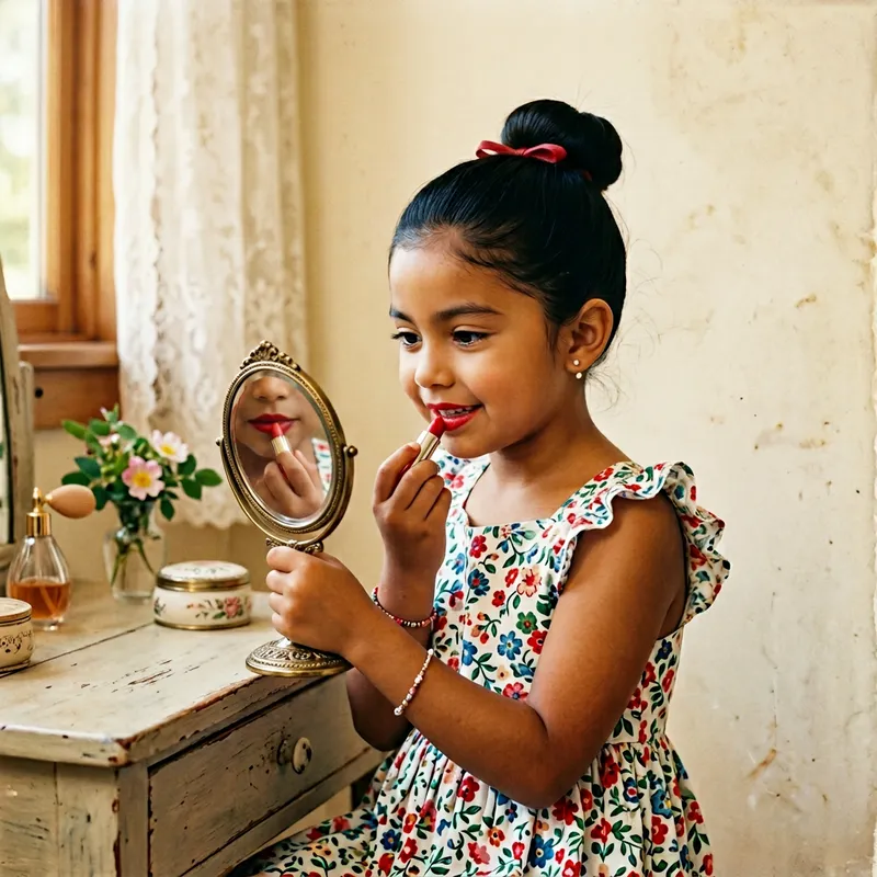 Artistic Girl Applying Classic Red Lipstick