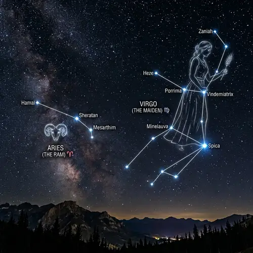 Aries and Virgo Constellations in Night Sky