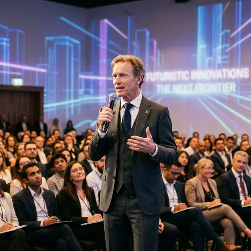 Futuristic Ideas Presentation: Inspiring Talk by Man in Dark Suit