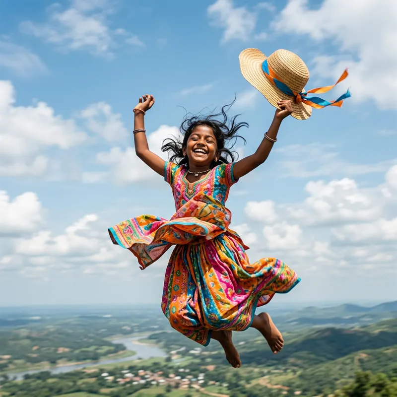 Girl Flying in Sky with Hat | Dramatic Sky Scene