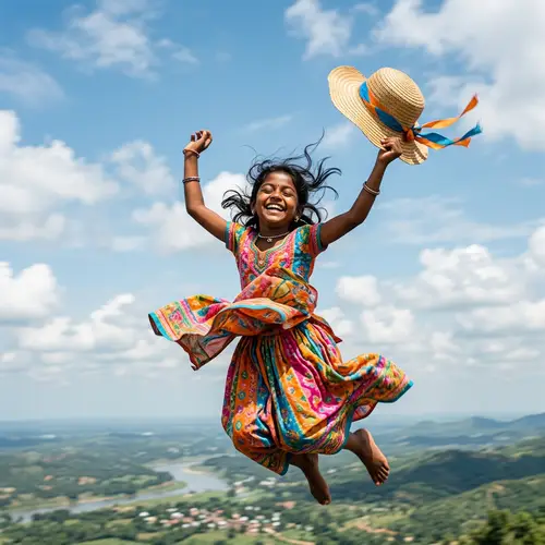 Joyful South Asian Girl Soaring in Vibrant Dress | Dramatic Sky Scene