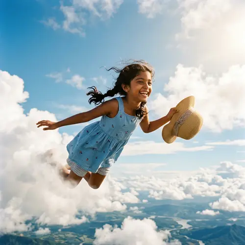 Joyful South Asian Girl Soaring in Blue Sky | Serene Sunlight Image