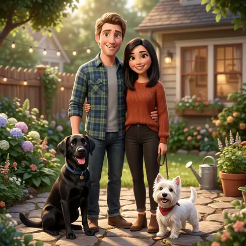 Pixar-Style Couple Portrait with Dogs