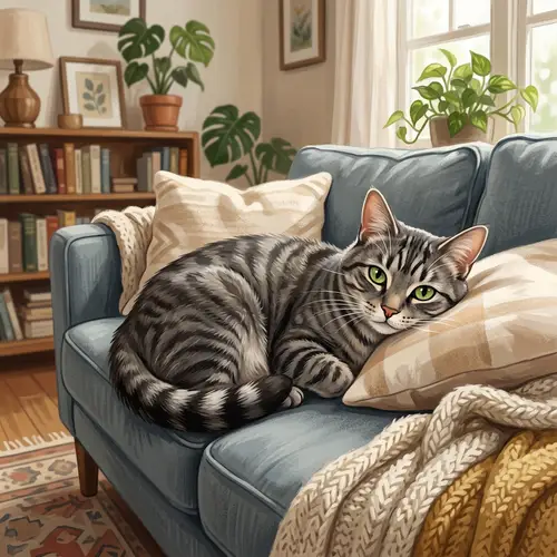 Charming Grey House Cat Illustration on Cozy Couch