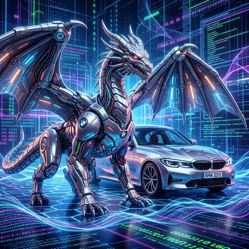 Silver Cyborg Dragon Protecting Silver BMW 320i in Cyberspace