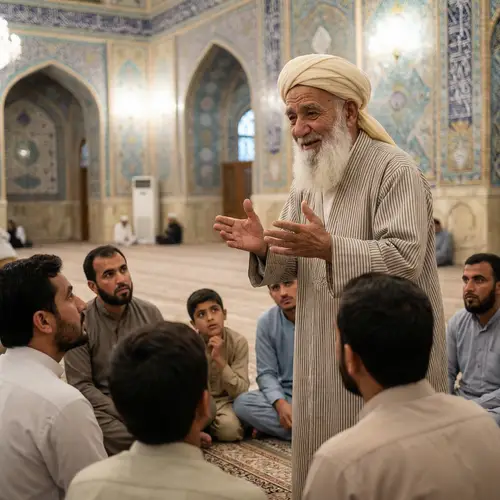Elderly Middle-Eastern Man Sharing Islamic Stories in Mosque